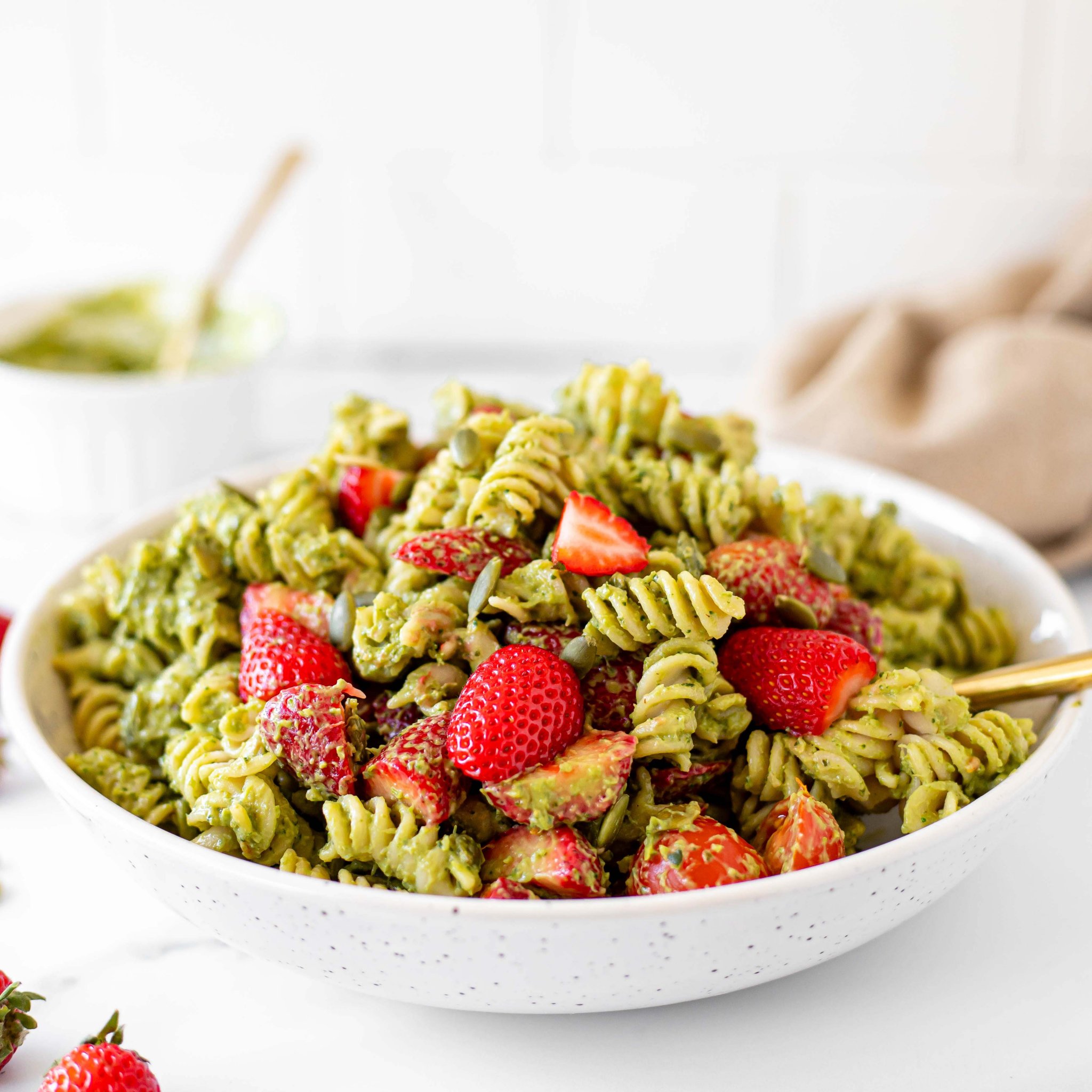 Vegan Pesto and Strawberry Pasta Salad Natures Fare