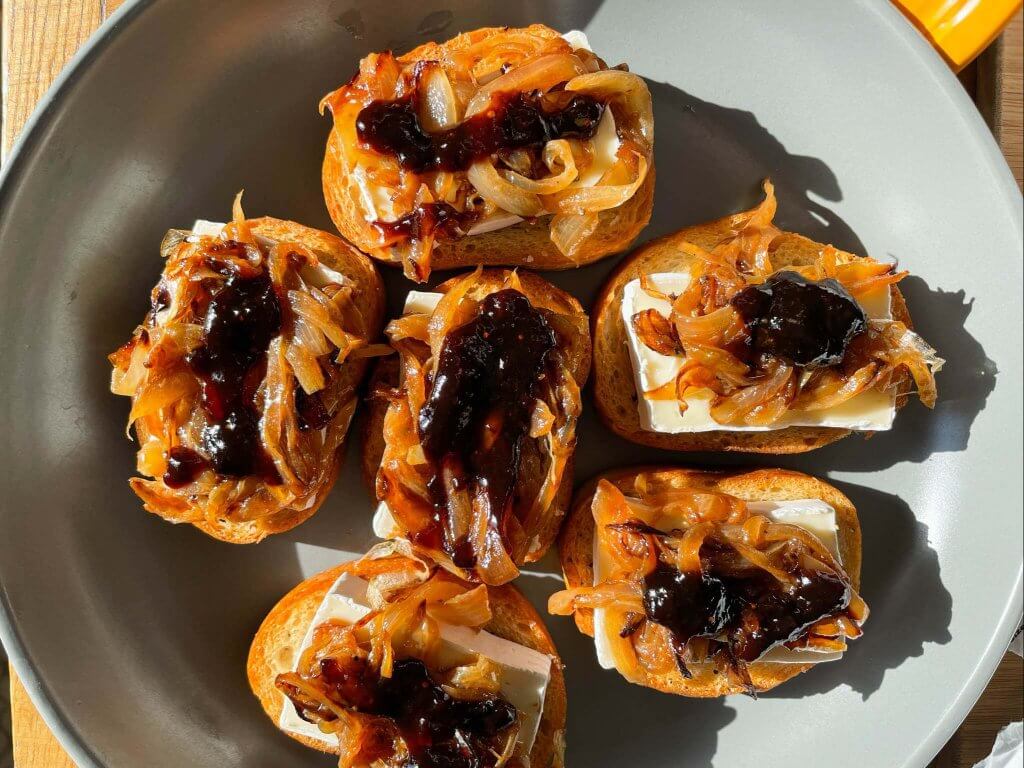 Brie Crostini with ACV Caramelized Onion